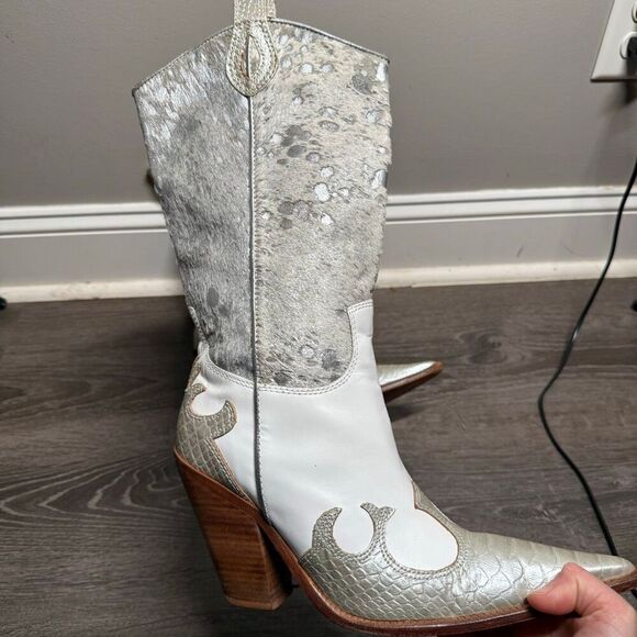Para Raio White Silver Leather Pointed Toe Brazilian Cowgirl Boots Women's 9 - Picture 3 of 7